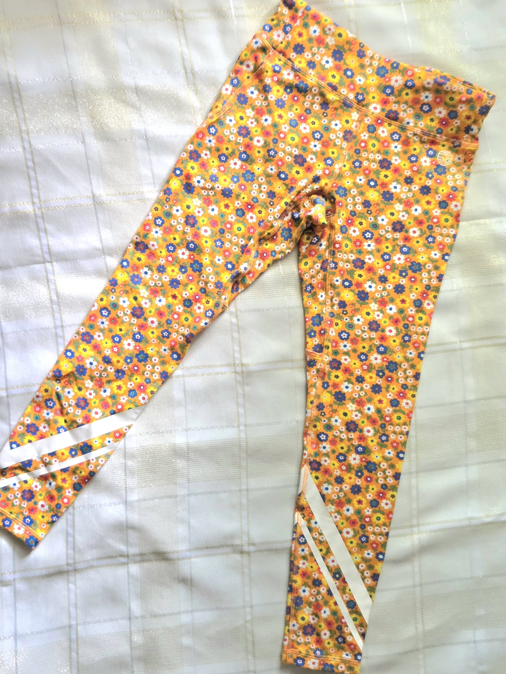 Tory Sport Yellow Floral Print Leggings with White Stripe Detail